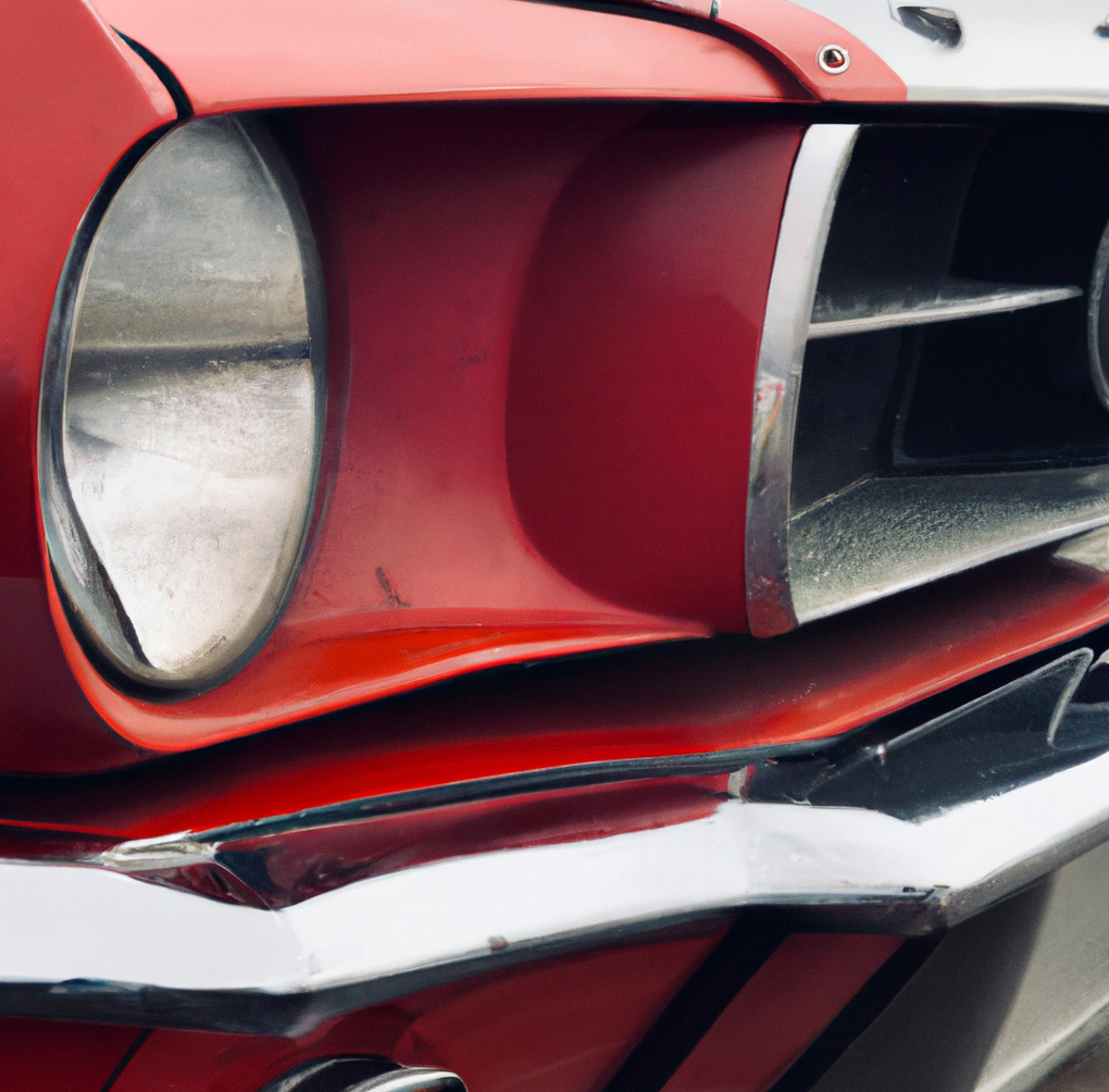 front lights and grill of vintage red mustang