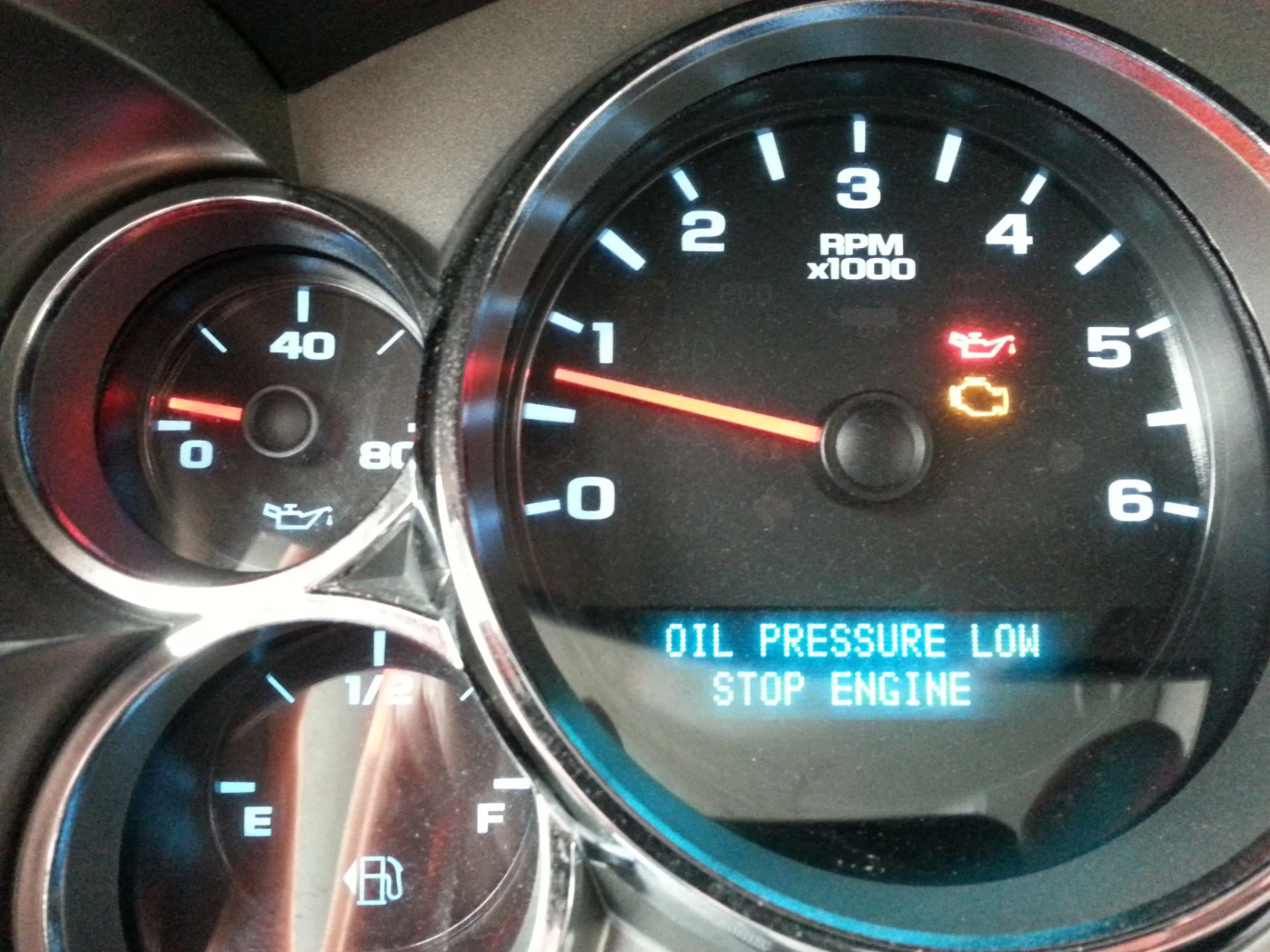 Oil Pressure Low – Stop Engine" Warning shown in the speedometer