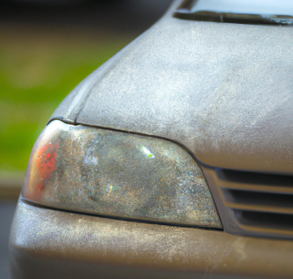 a car that has been outside for too long with hazy and dirty front headlights