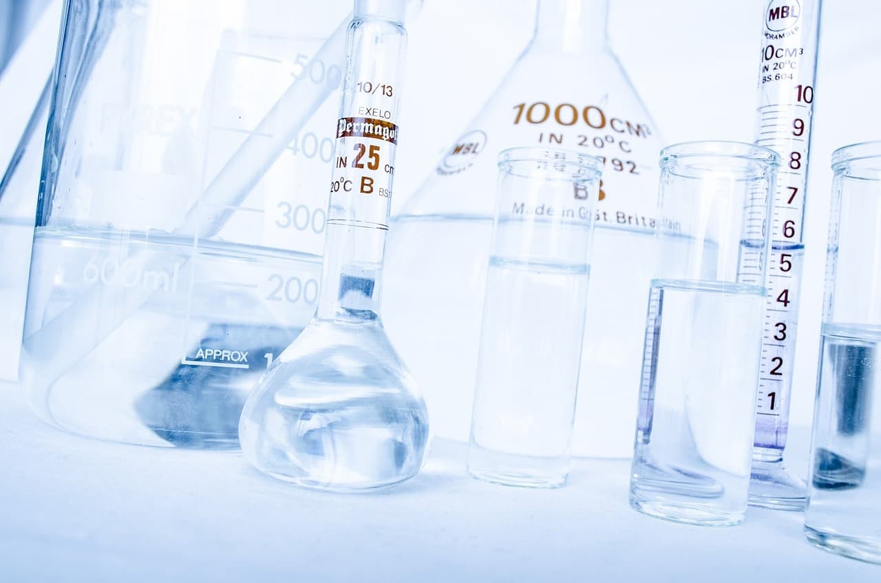 beakers filled with chemicals